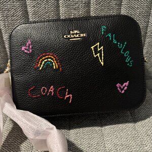 Coach Mini Camera Bag in Black with Diary Embroidery in Multicolor